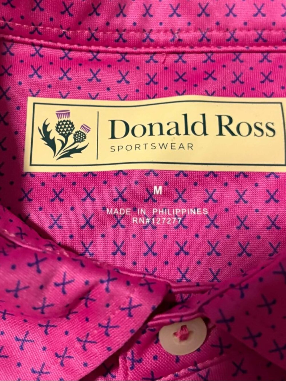 Donald Ross Sportswear Golf Polo Mens M Pink Navy Crossed Clubs Print